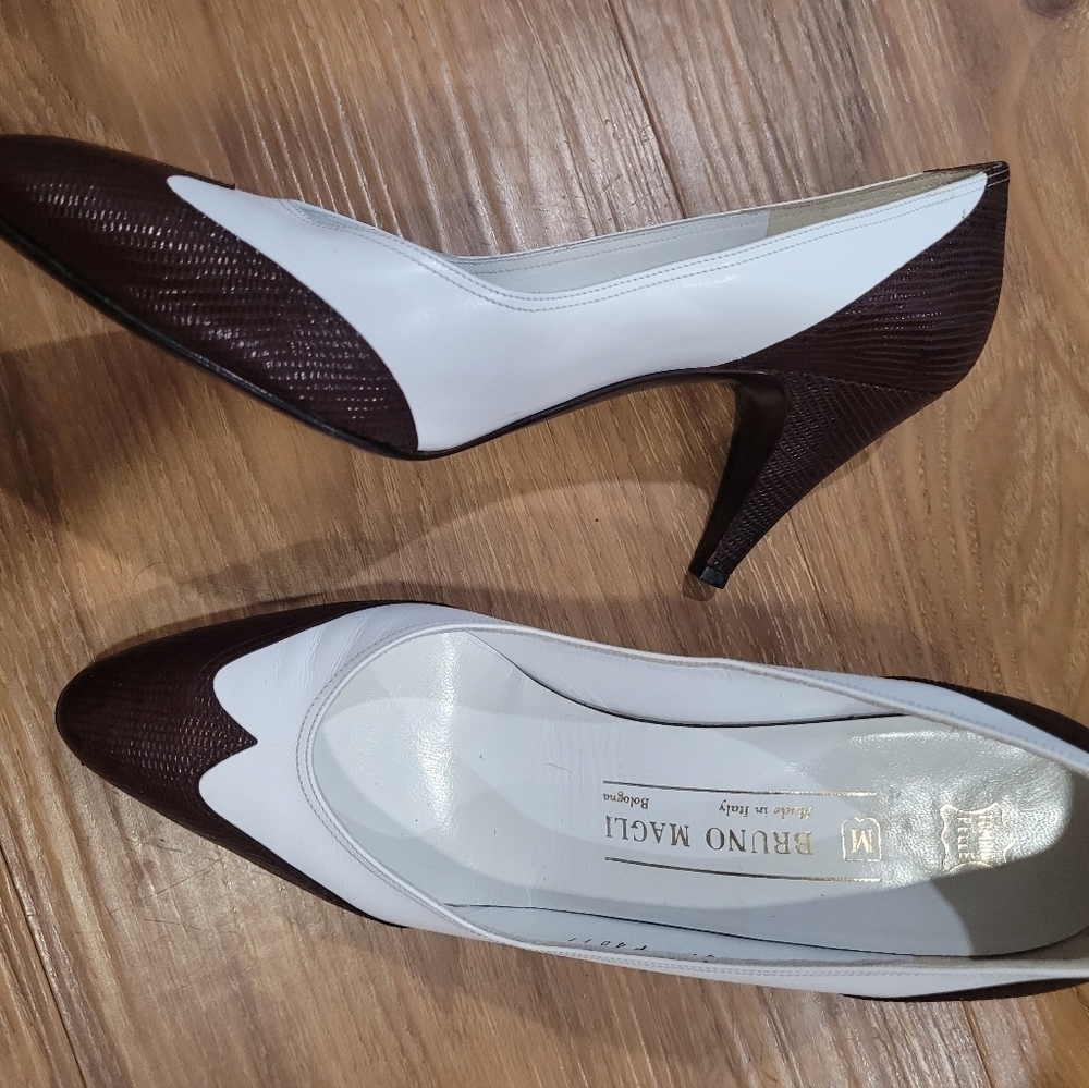 Bruno Magli Two-Tone Brown and White Heels - Picture 3 of 10